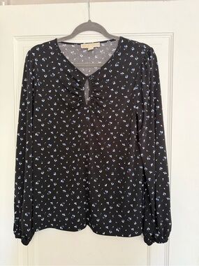 Michael by Michael Kors Women's Black Long-Sleeve Floral Keyhole Top